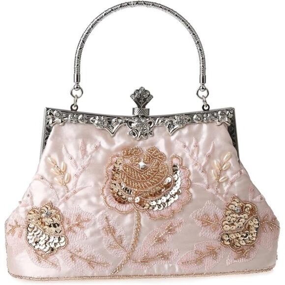 Womens Floral Beaded Rhinestone Embroidery Clutch Beige Pink - Picture 1 of 7